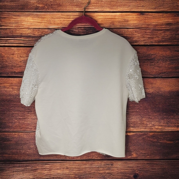 Zara Trafaluc White Sequin Semi Sheer Short Sleeve Top NWT - Picture 2 of 5